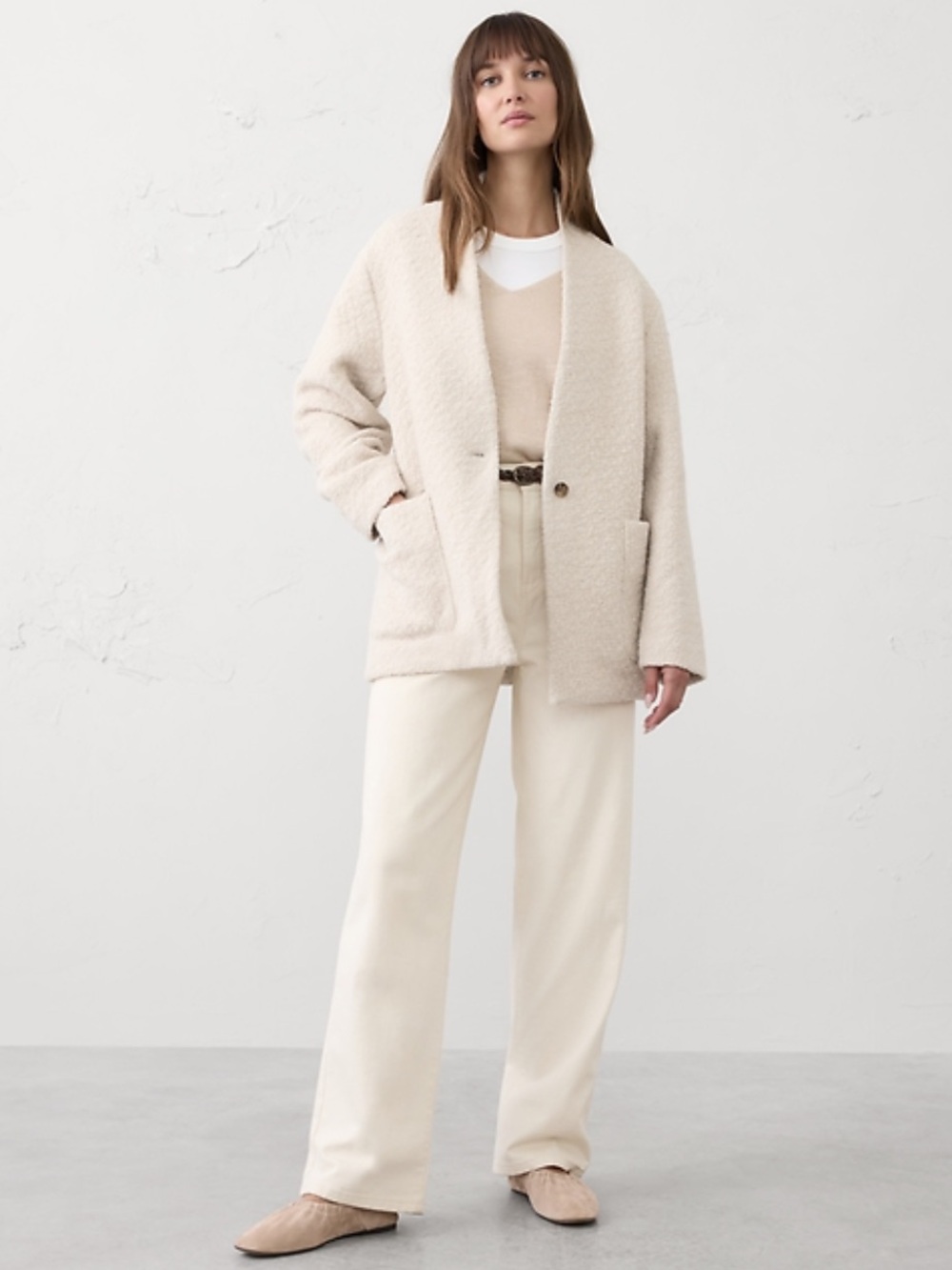 Banana Republic Light Beige Bouclé Button-Front Heavy Cardigan Size Small